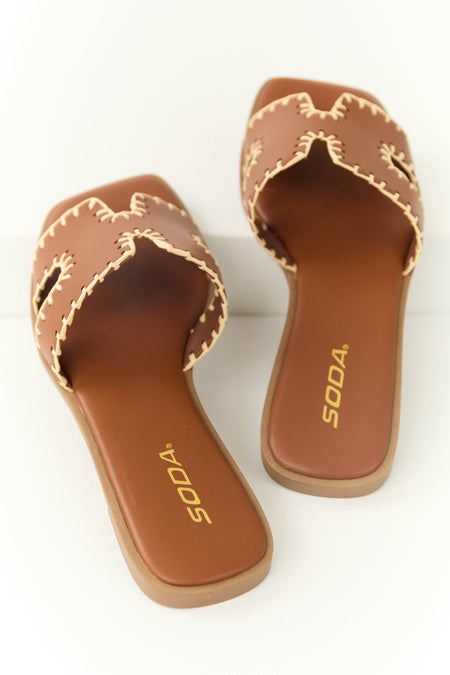 Sepia Straw Trim Cut Out Strap Slide Sandals