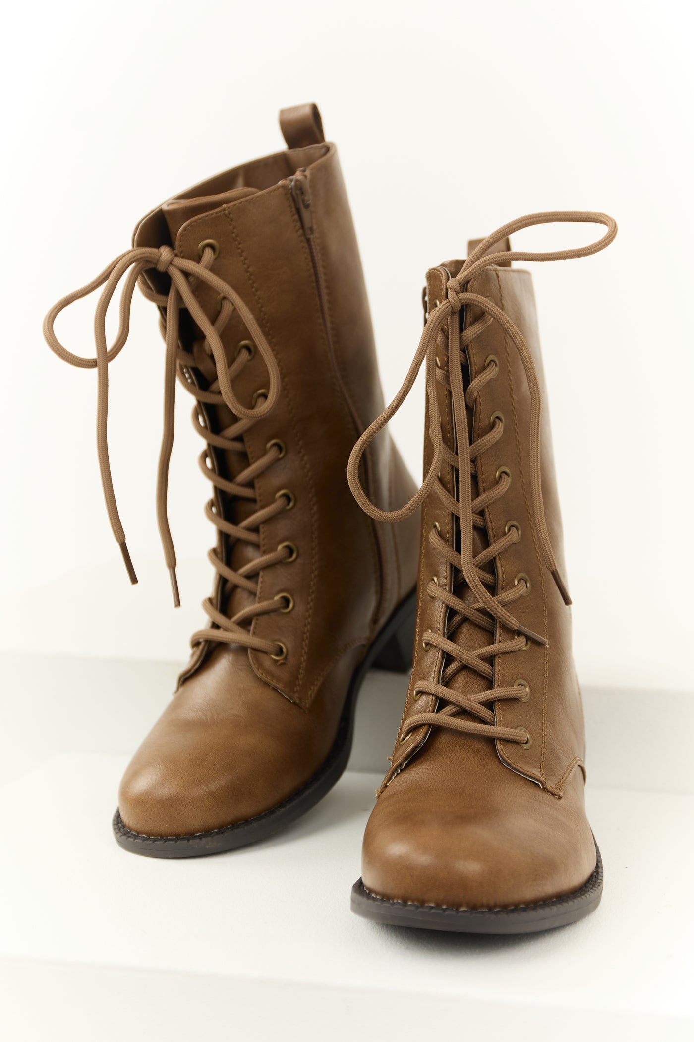 Sepia Washed Faux Leather Lace Up Boots