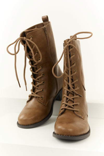 Sepia Washed Faux Leather Lace Up Boots