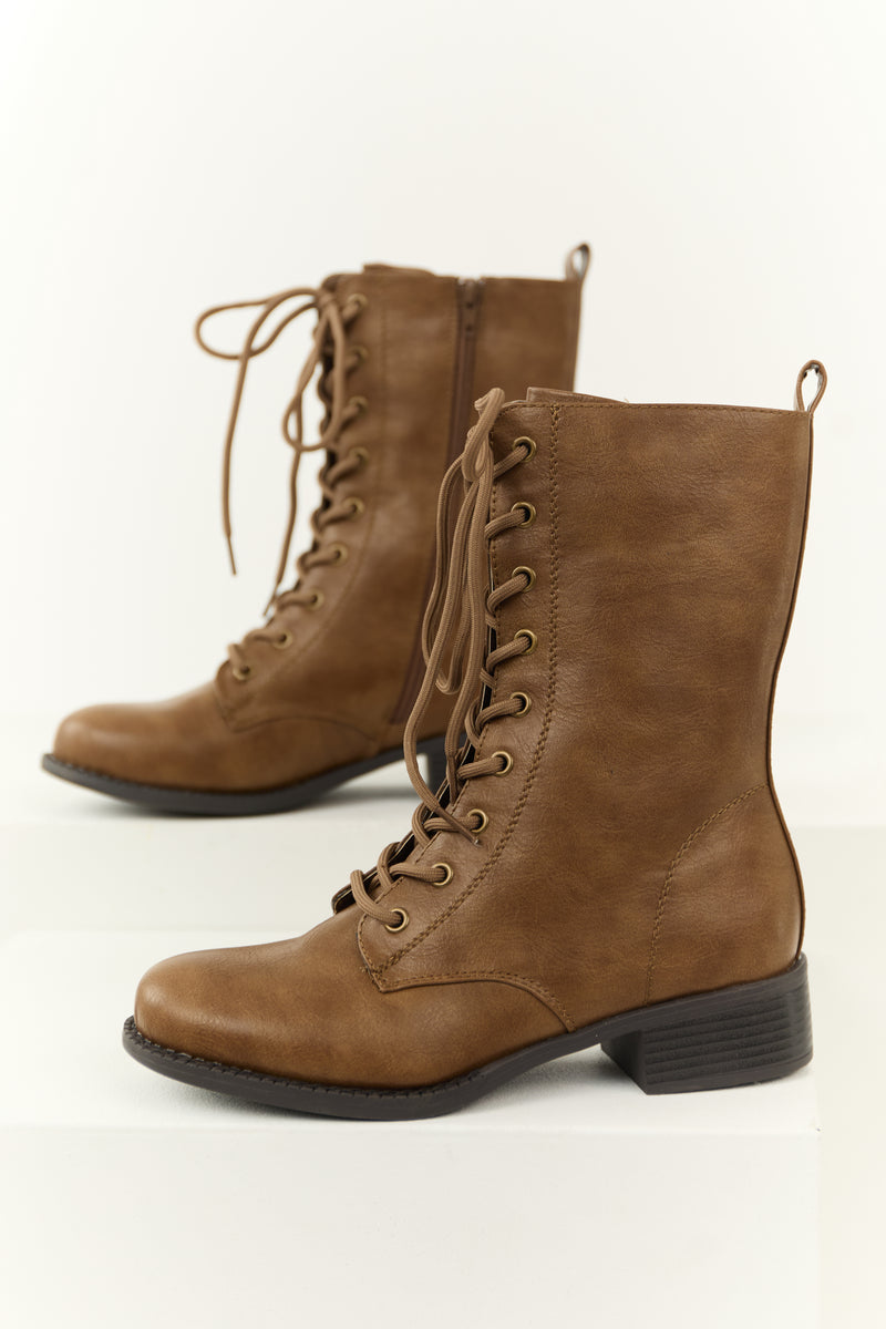 Sepia Washed Faux Leather Lace Up Boots