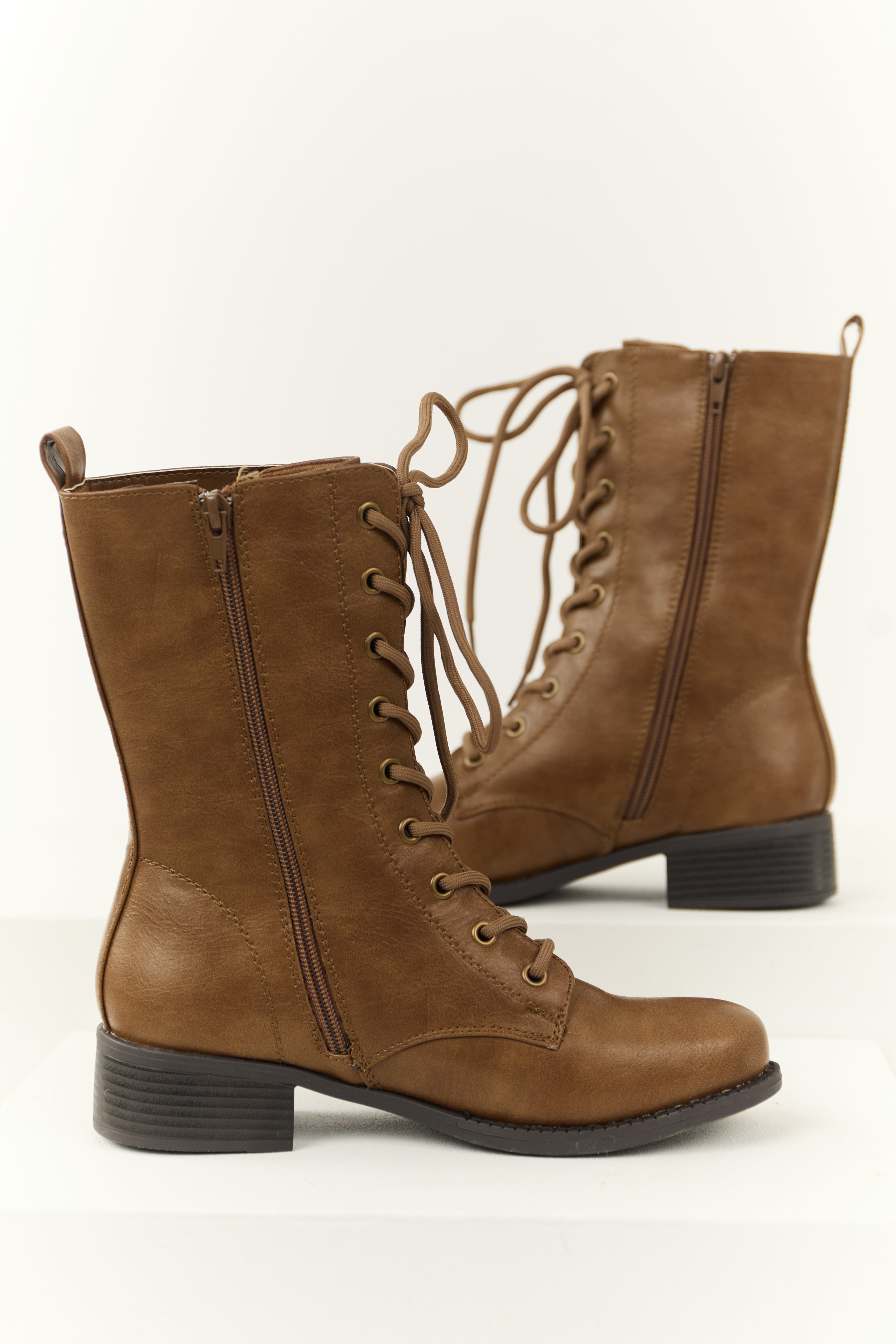 Sepia Washed Faux Leather Lace Up Boots