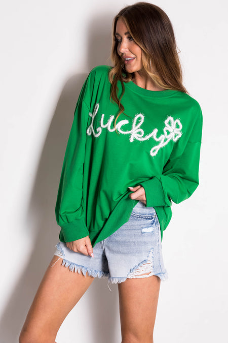 Shamrock 'Lucky' Tinsel Lettering Pullover Top