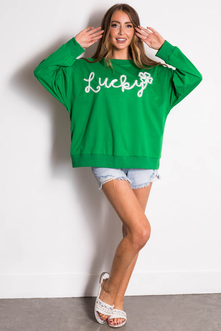 Shamrock 'Lucky' Tinsel Lettering Pullover Top