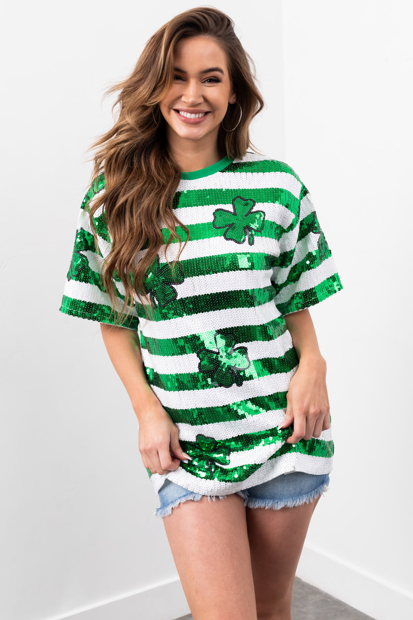 Shamrock and Off White Sequin Tunic Top