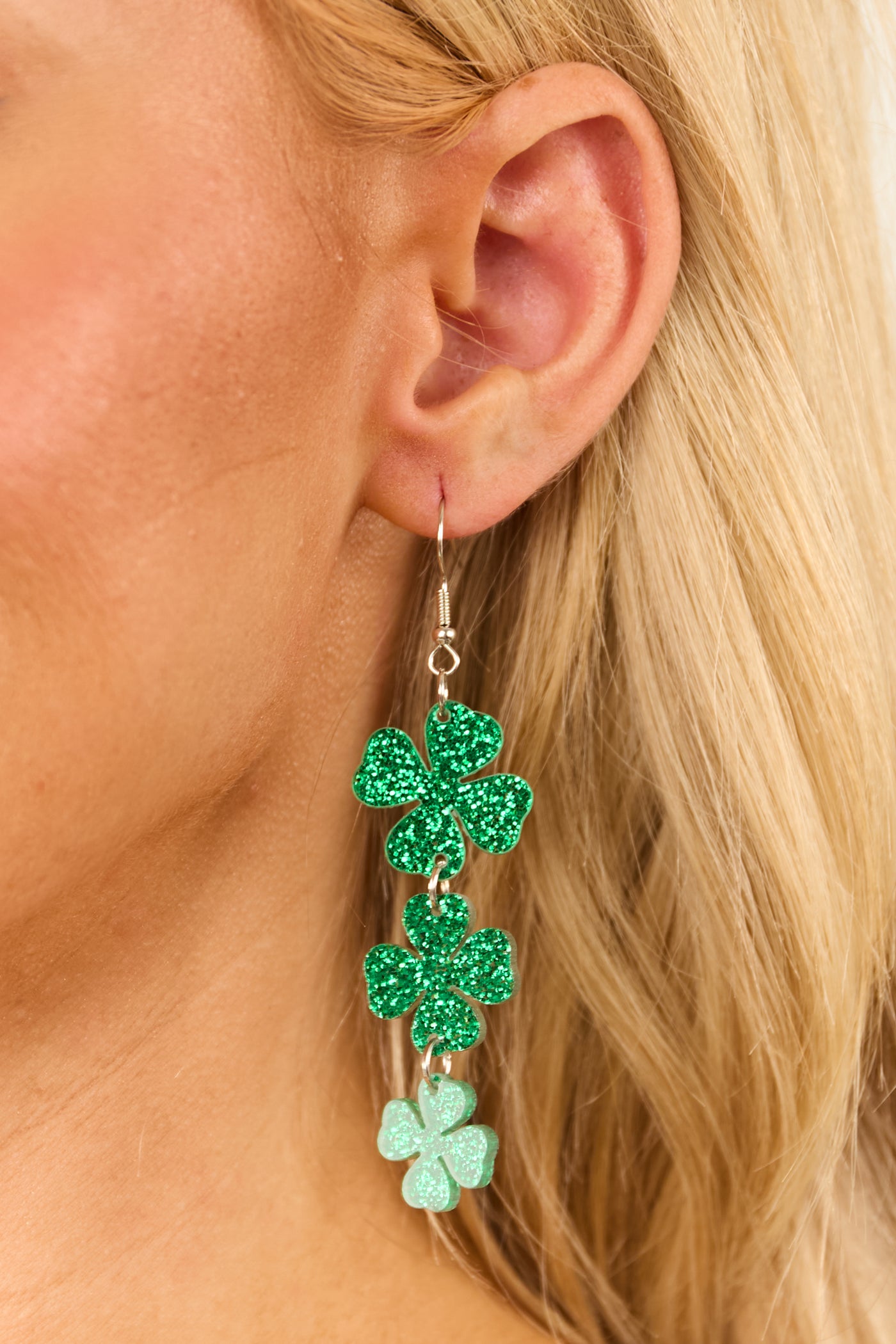 Shamrock Glitter Four Leaf Clover Dangle Earrings