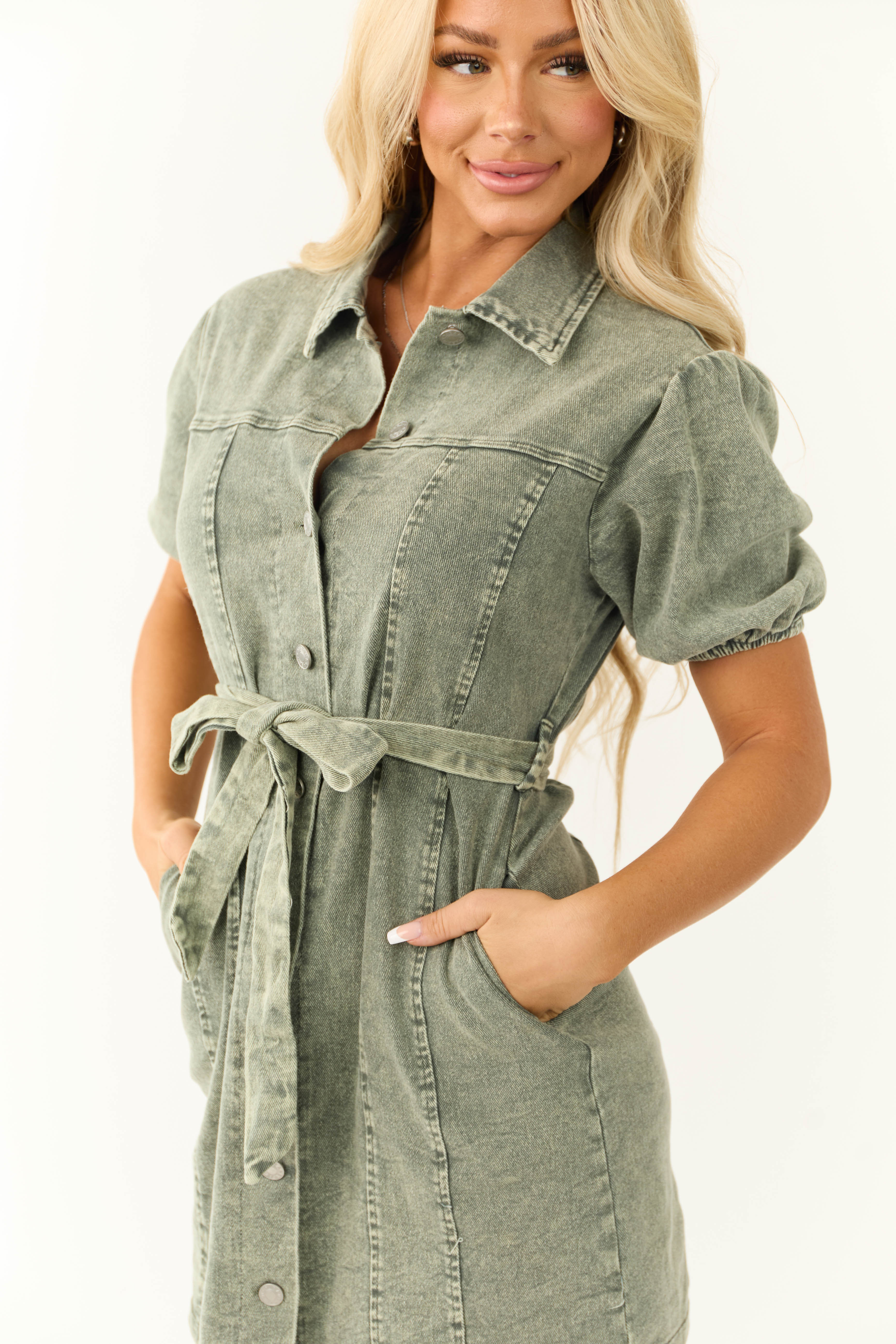 She+Sky Army Green Denim Button Down Mini Dress | Lime Lush Boutique