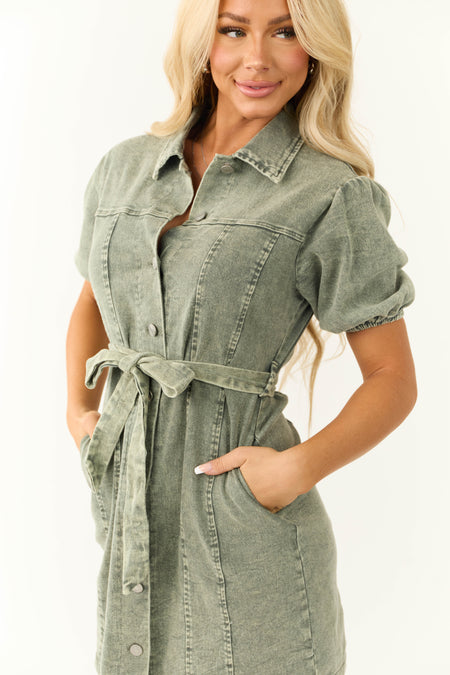 She+Sky Army Green Denim Button Down Mini Dress