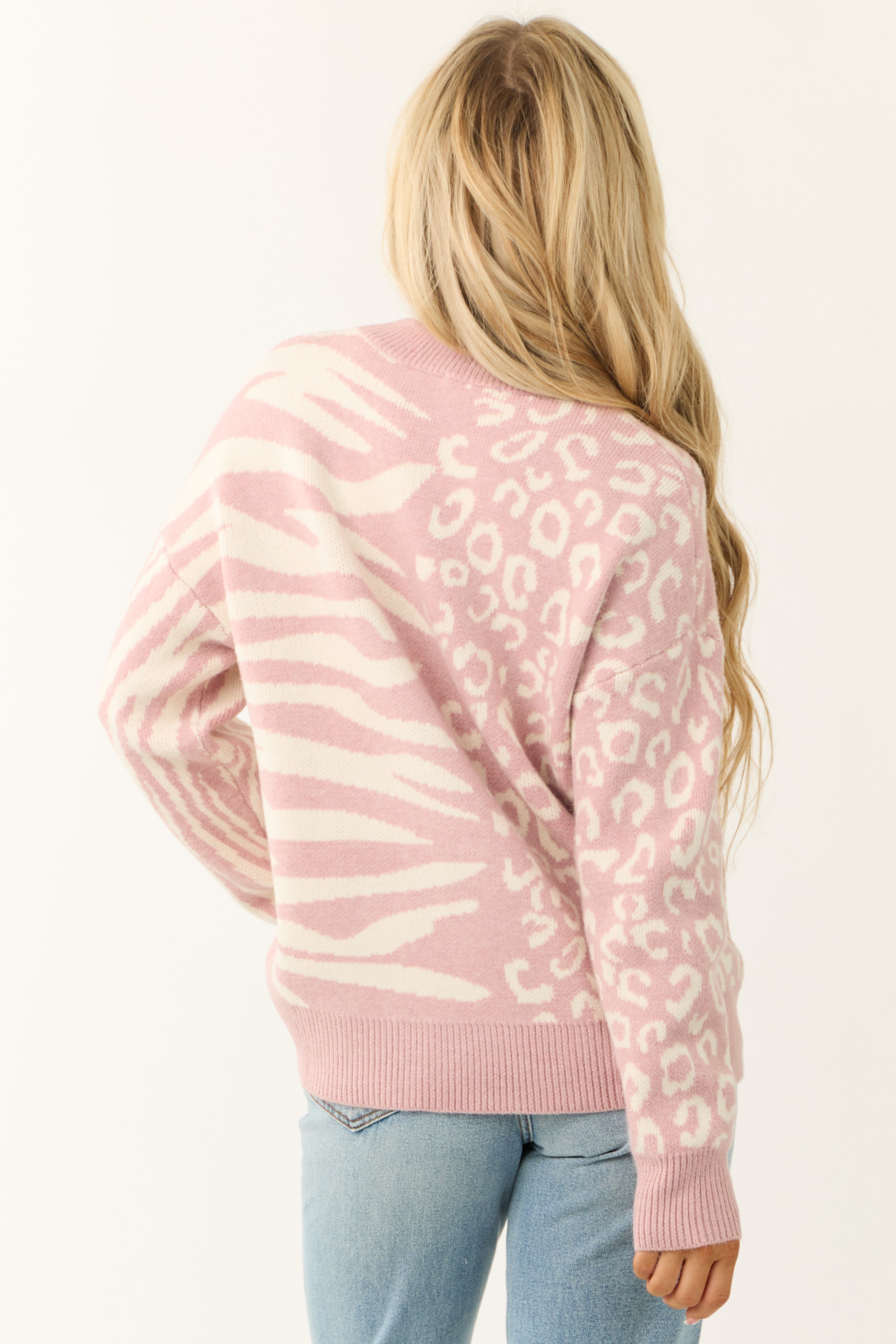 She+Sky Baby Pink Leopard and Zebra Print Sweater