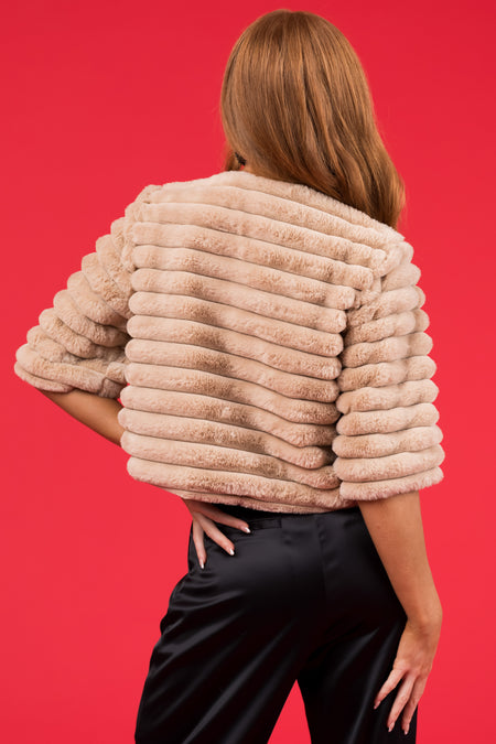 She+Sky Beige Faux Fur Half Sleeve Crop Jacket