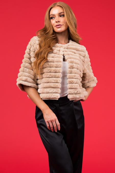 She+Sky Beige Faux Fur Half Sleeve Crop Jacket