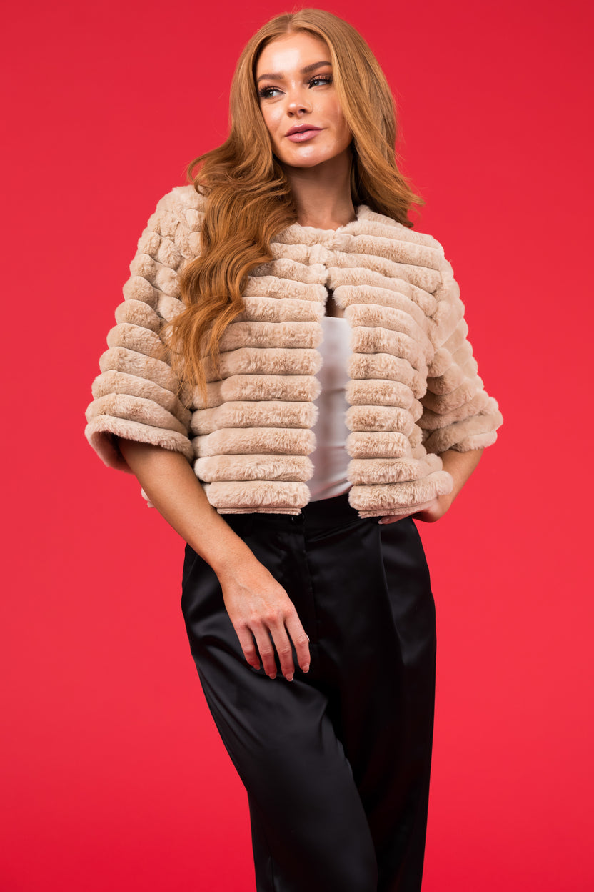 She+Sky Beige Faux Fur Half Sleeve Crop Jacket