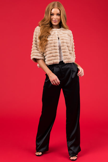 She+Sky Beige Faux Fur Half Sleeve Crop Jacket