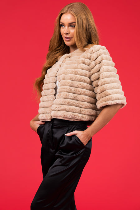 She+Sky Beige Faux Fur Half Sleeve Crop Jacket