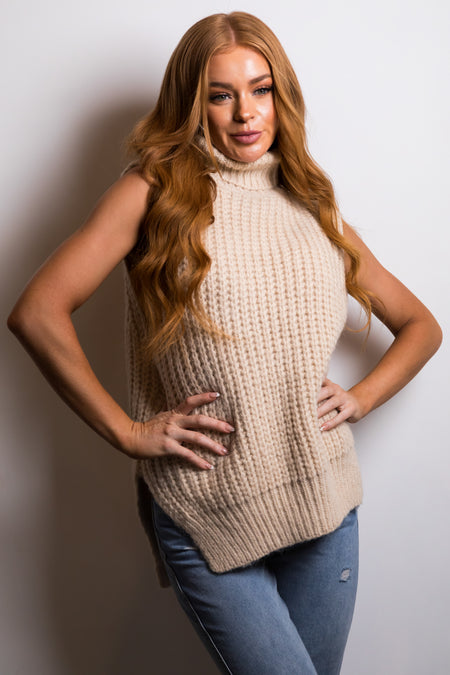 She+Sky Beige Sleeveless Turtleneck Sweater Vest