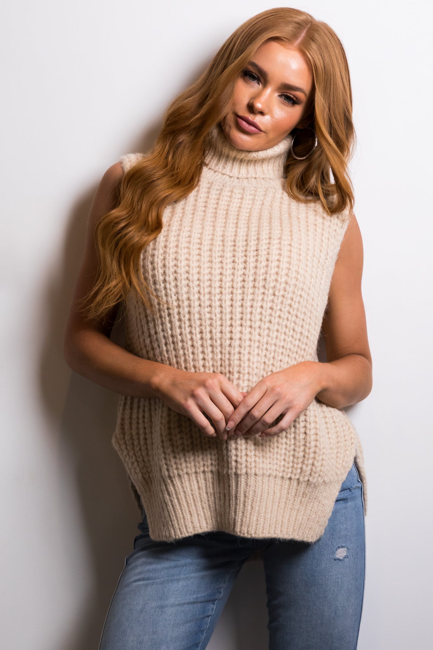 She+Sky Beige Sleeveless Turtleneck Sweater Vest