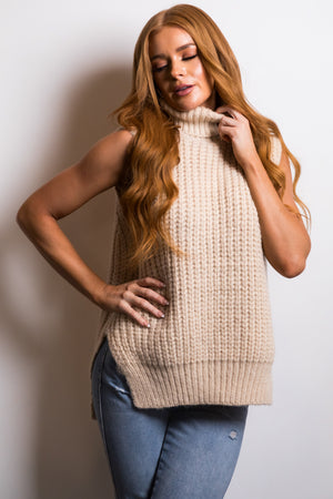 She+Sky Beige Sleeveless Turtleneck Sweater Vest