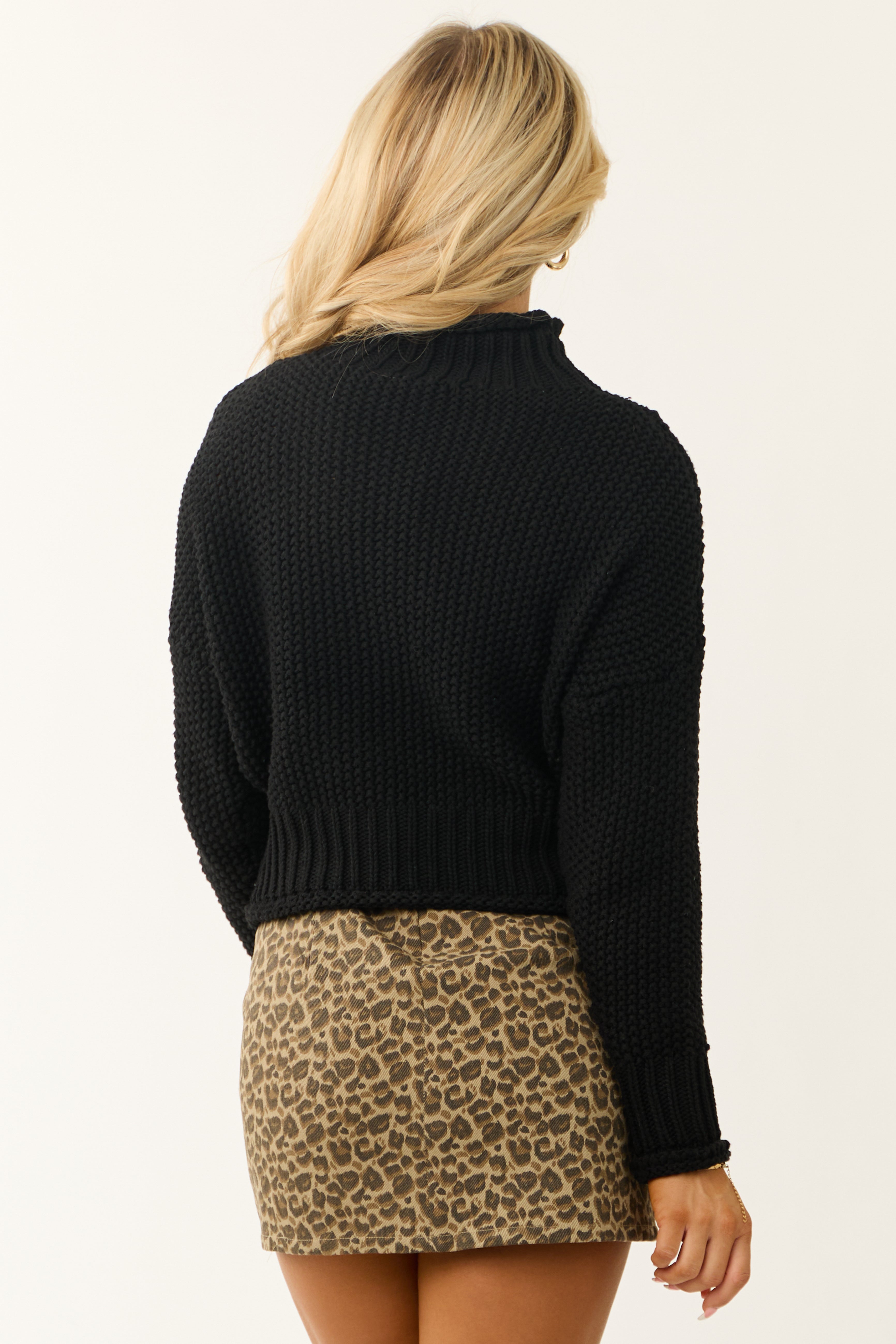 She+Sky Black Mock Neck Rolled Hem Chunky Sweater