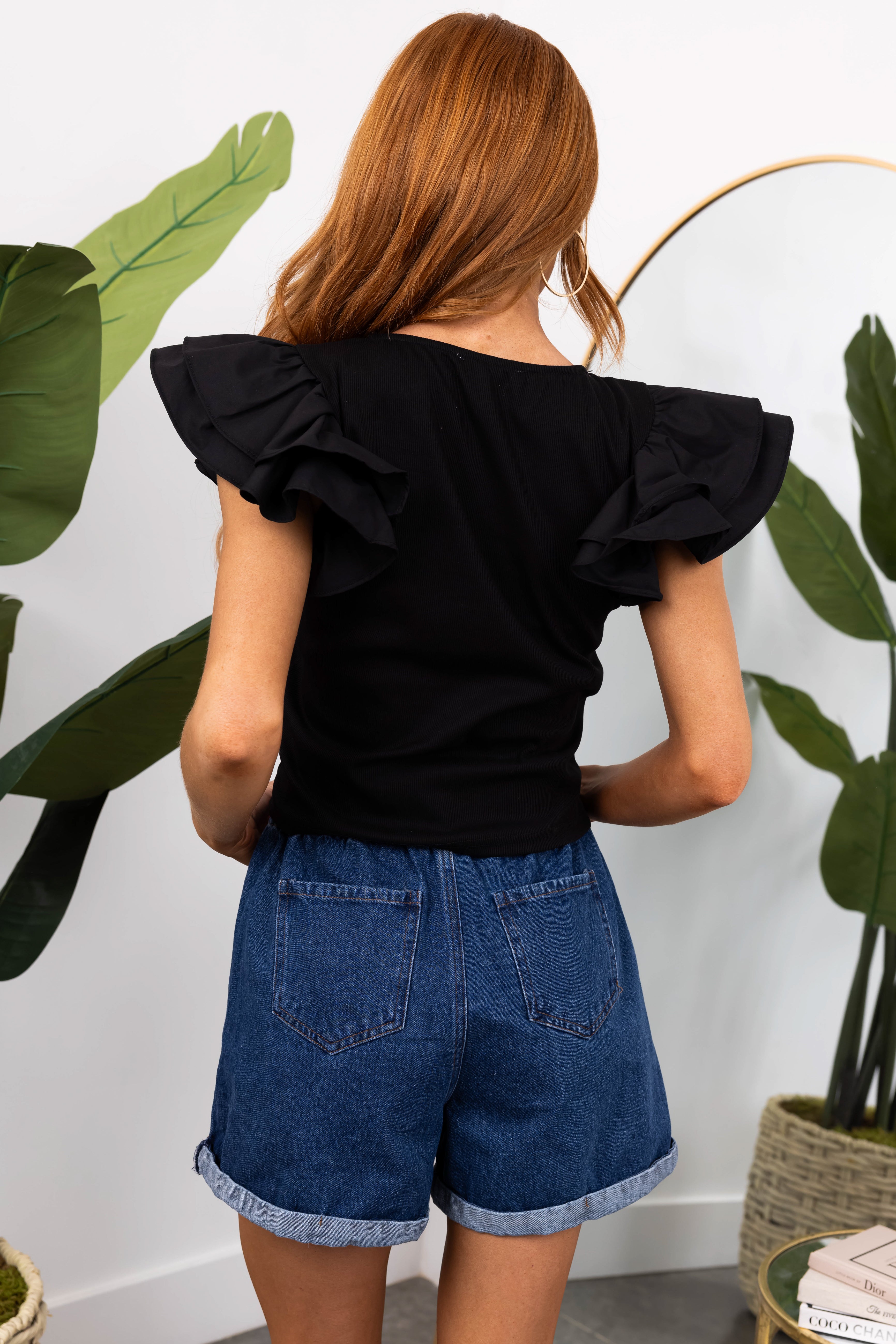 She+Sky Black Ruffle Sleeve Ribbed Knit Top