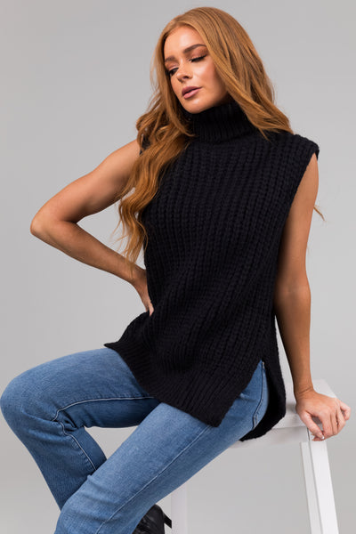 Black Eyelash Knit Top - Sleeveless Sweater Top - Turtleneck Top - Lulus