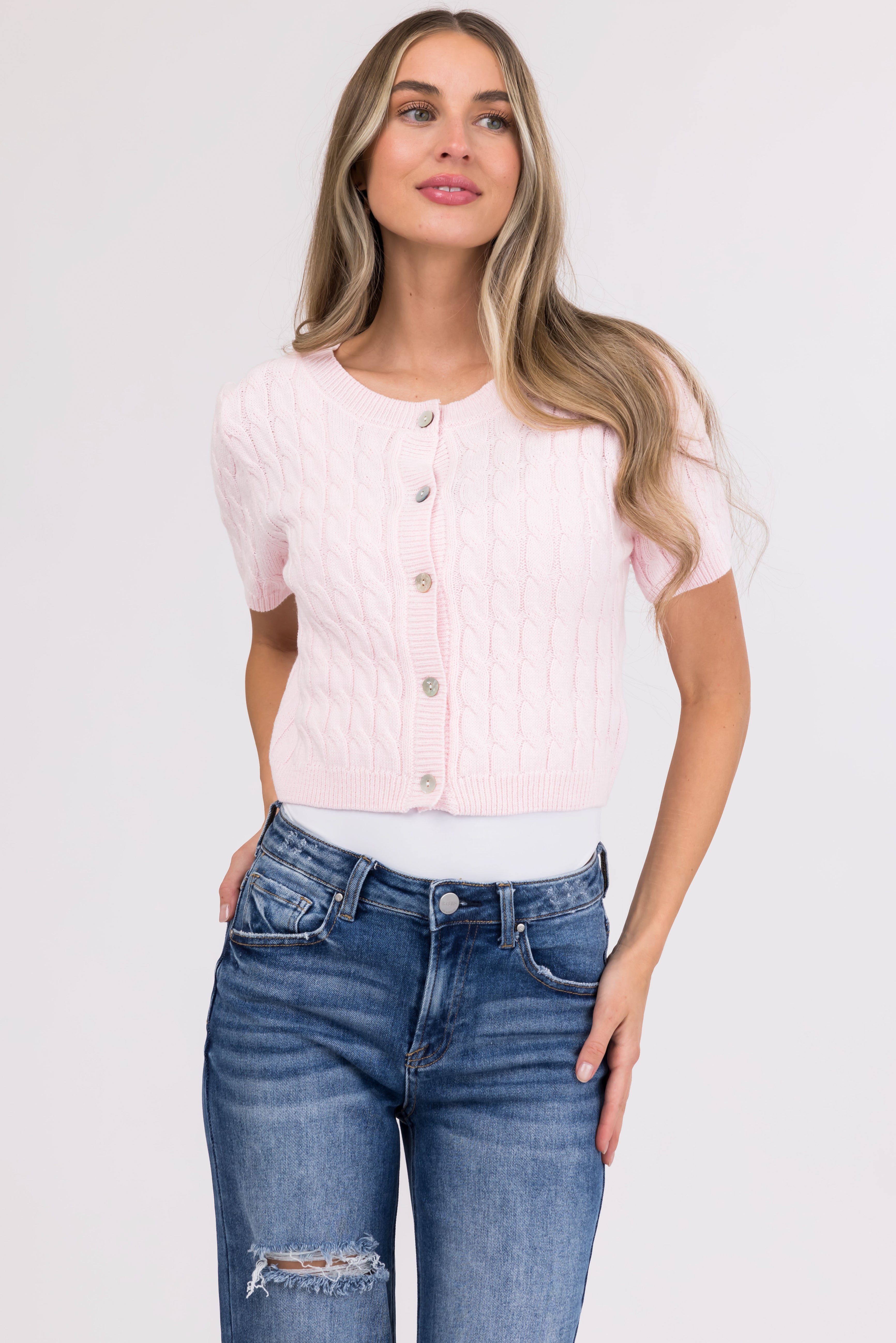 She+Sky Blush Short Sleeve Cardigan