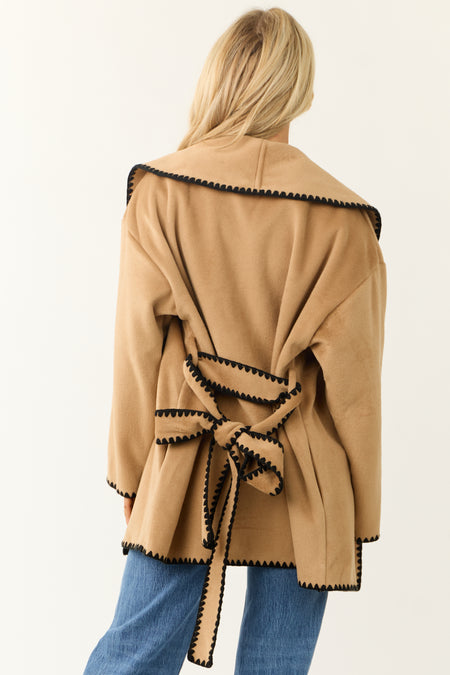 She+Sky Brown Sugar Faux Fur Waist Tie Coat