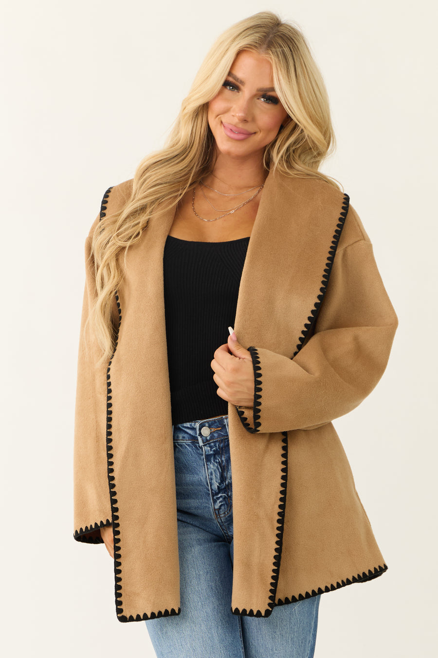 She+Sky Brown Sugar Faux Fur Waist Tie Coat