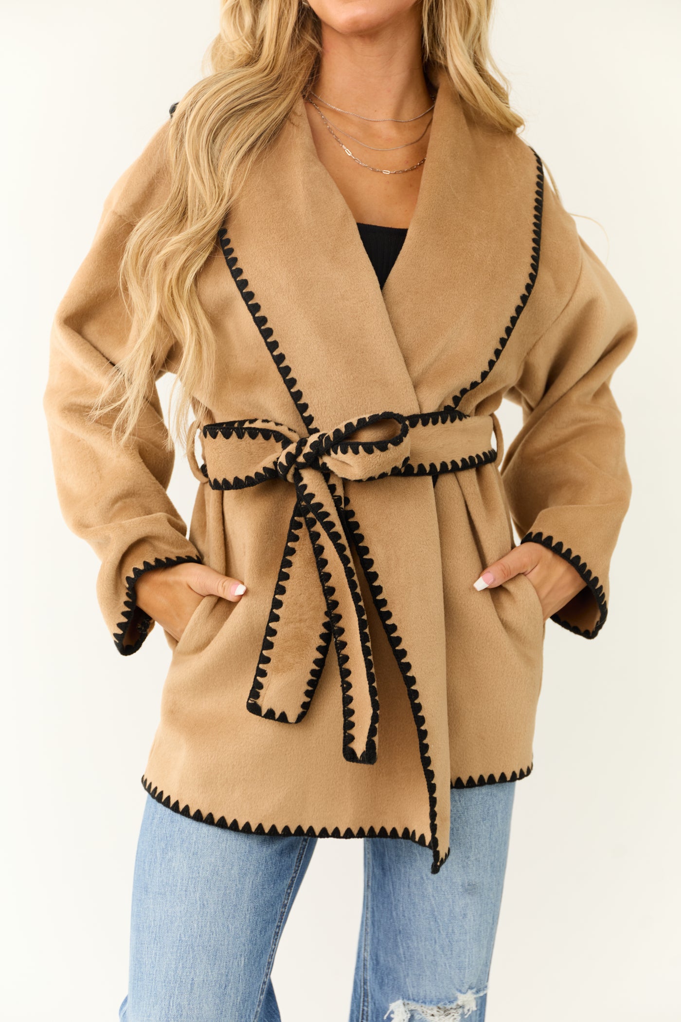 She+Sky Brown Sugar Faux Fur Waist Tie Coat