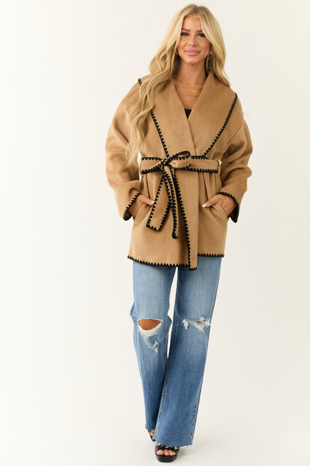 She+Sky Brown Sugar Faux Fur Waist Tie Coat