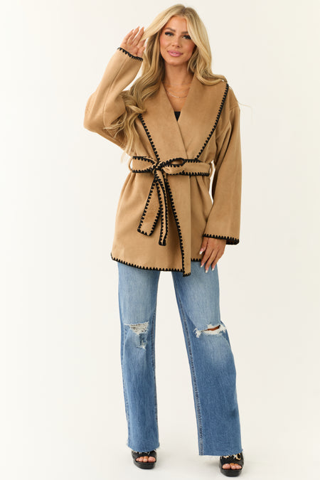 She+Sky Brown Sugar Faux Fur Waist Tie Coat