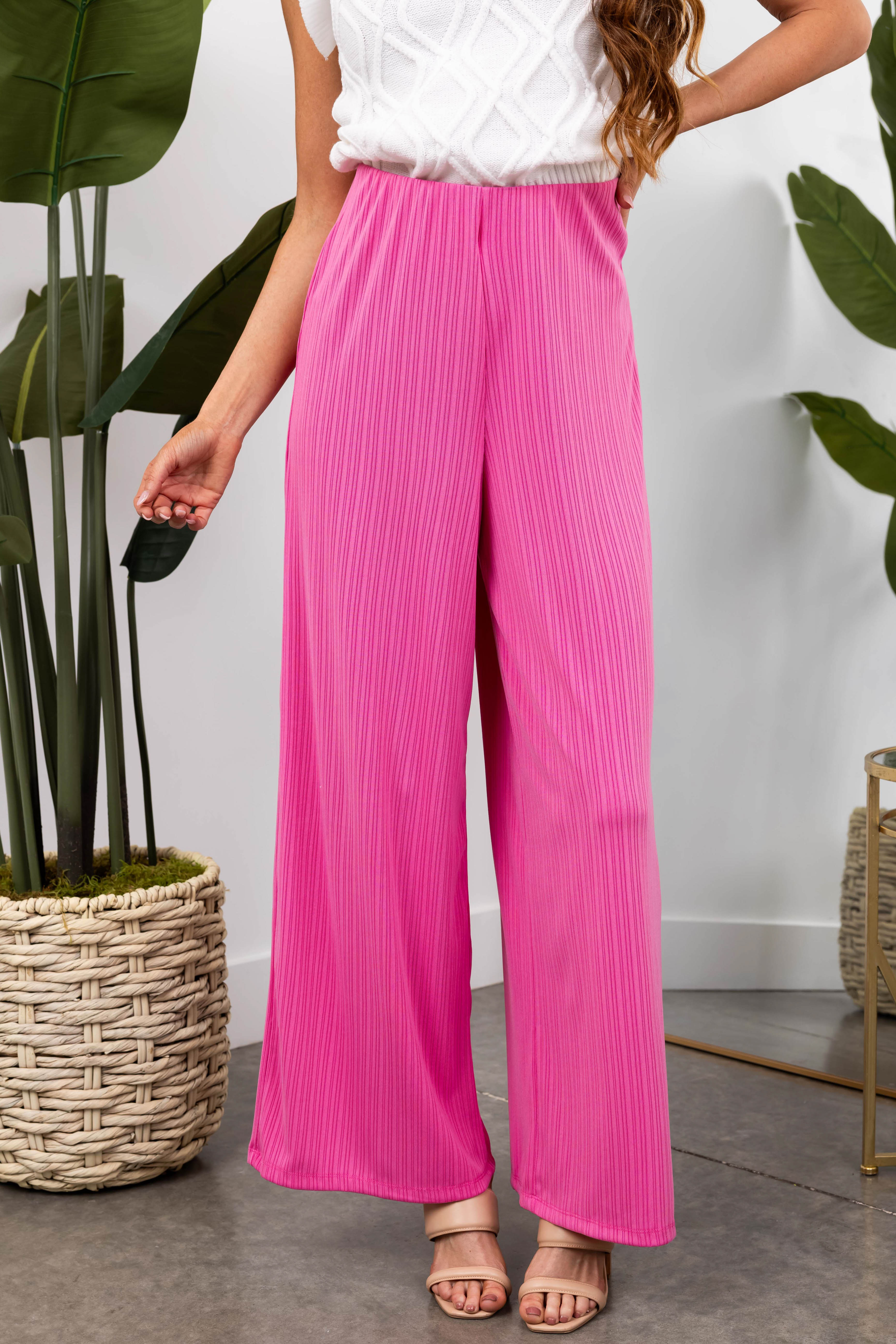 She+Sky Bubblegum Ribbed Knit Wide Leg Pants