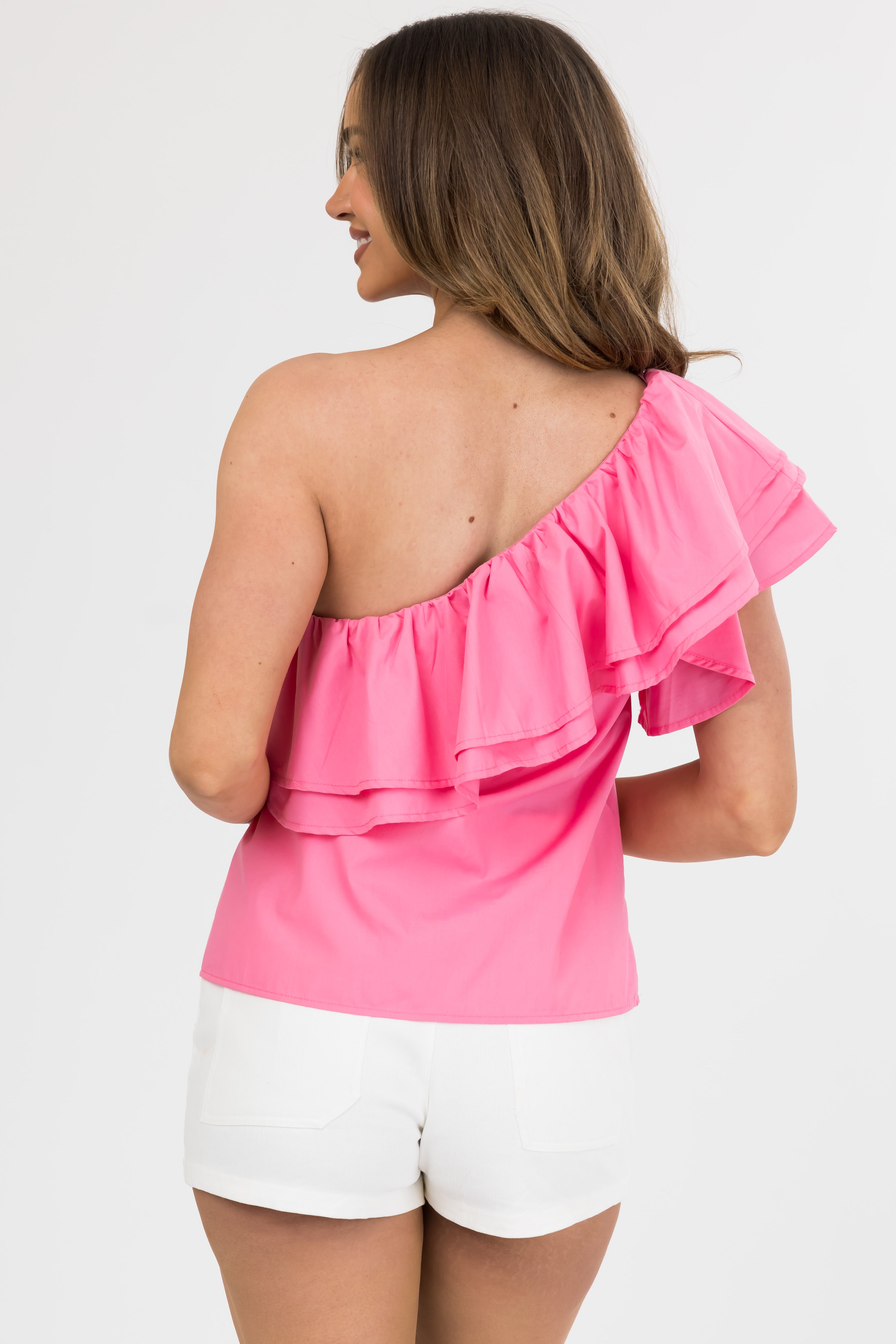 She+Sky Bubblegum Ruffle One Shoulder Top