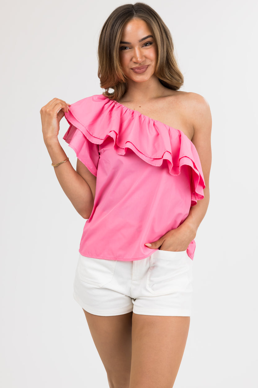 She+Sky Bubblegum Ruffle One Shoulder Top