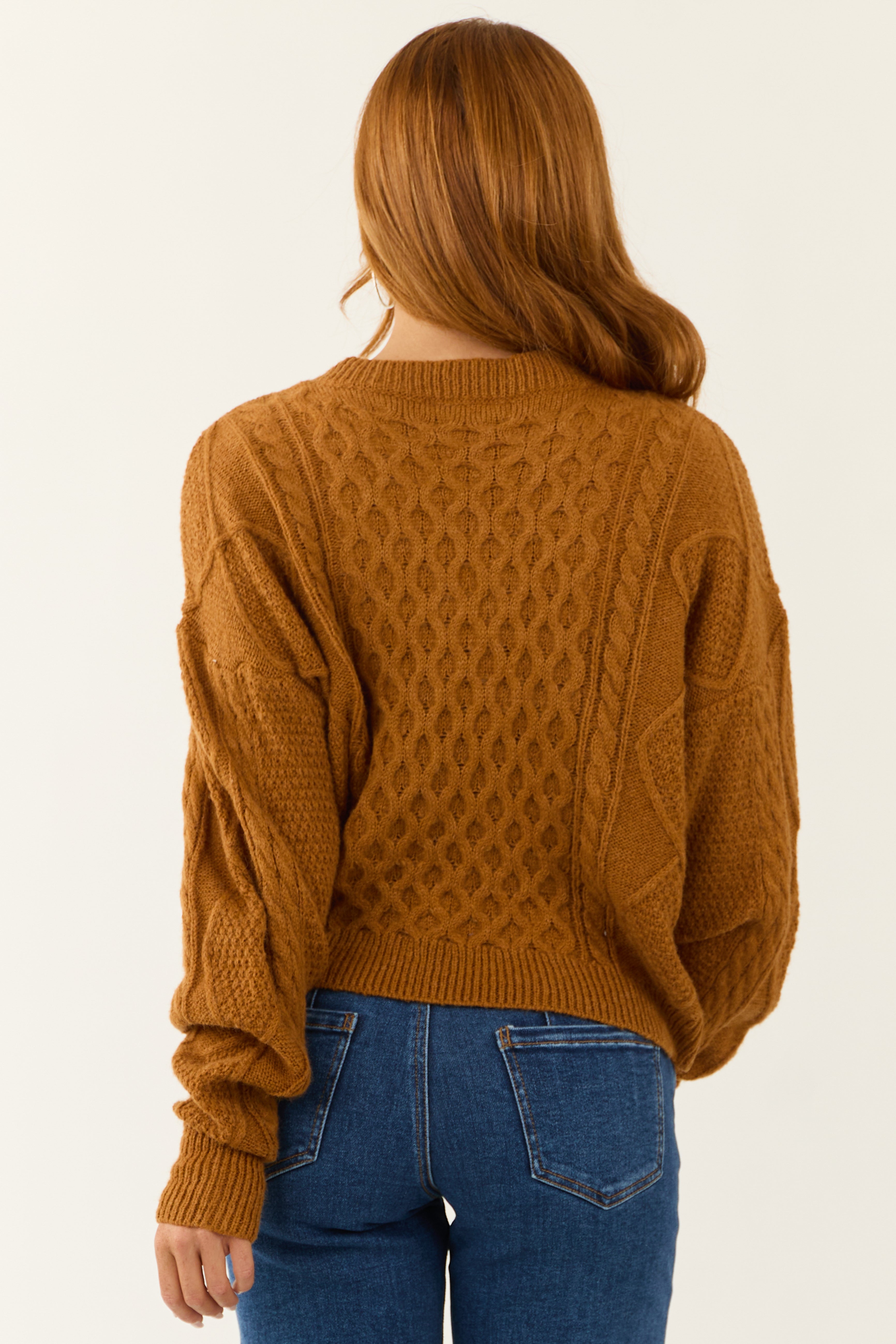 She+Sky Caramel V Neck Cable Knit Sweater