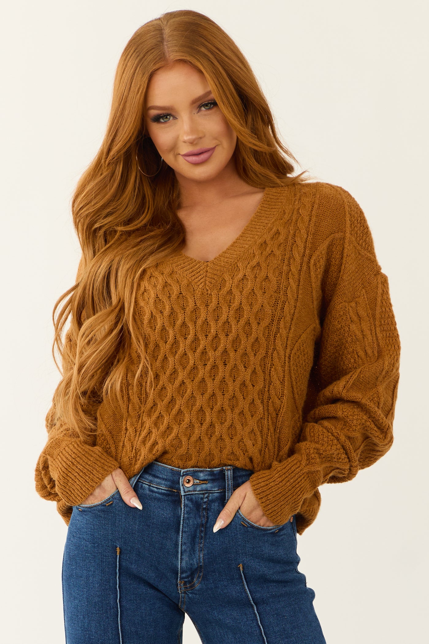 She+Sky Caramel V Neck Cable Knit Sweater