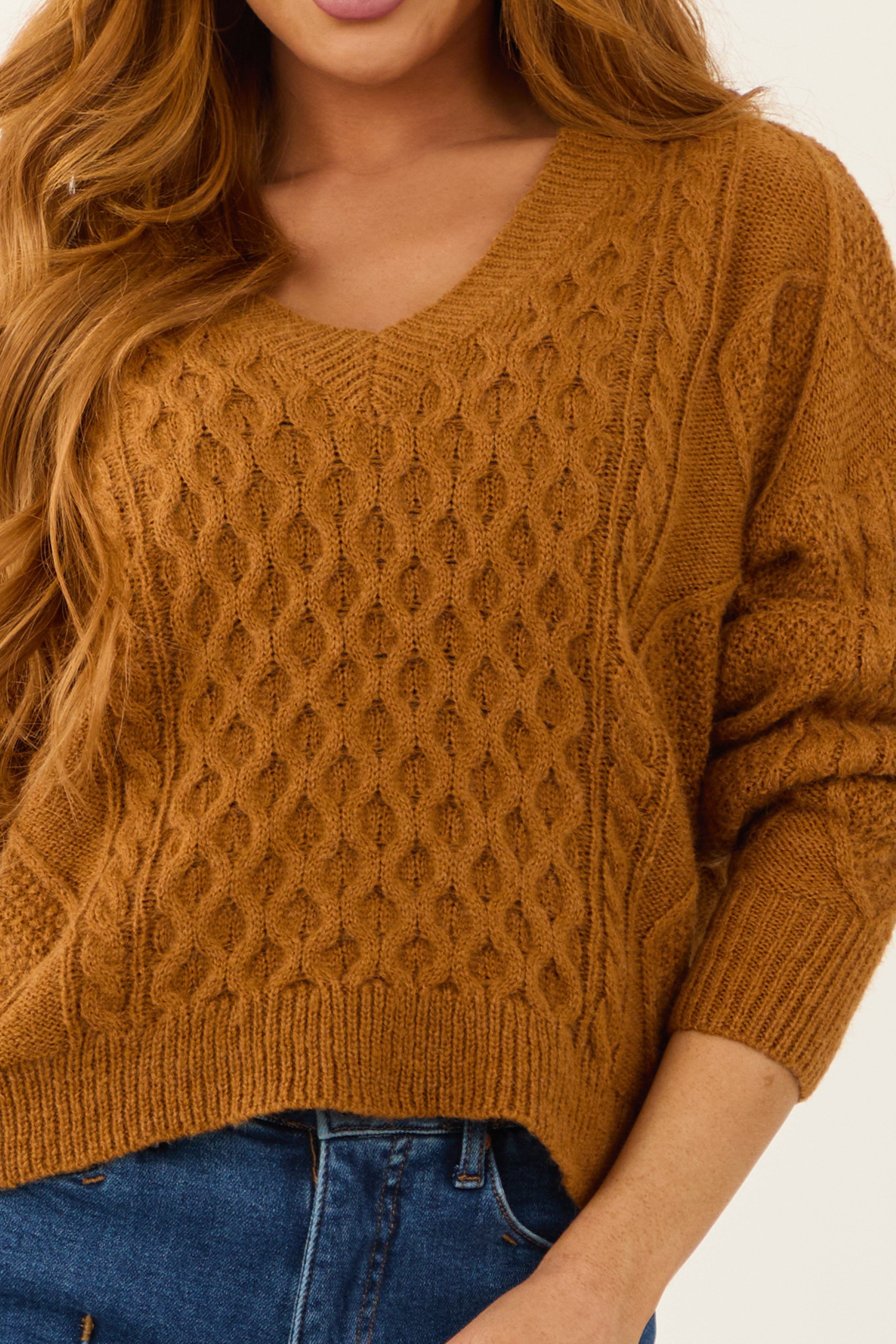 She+Sky Caramel V Neck Cable Knit Sweater