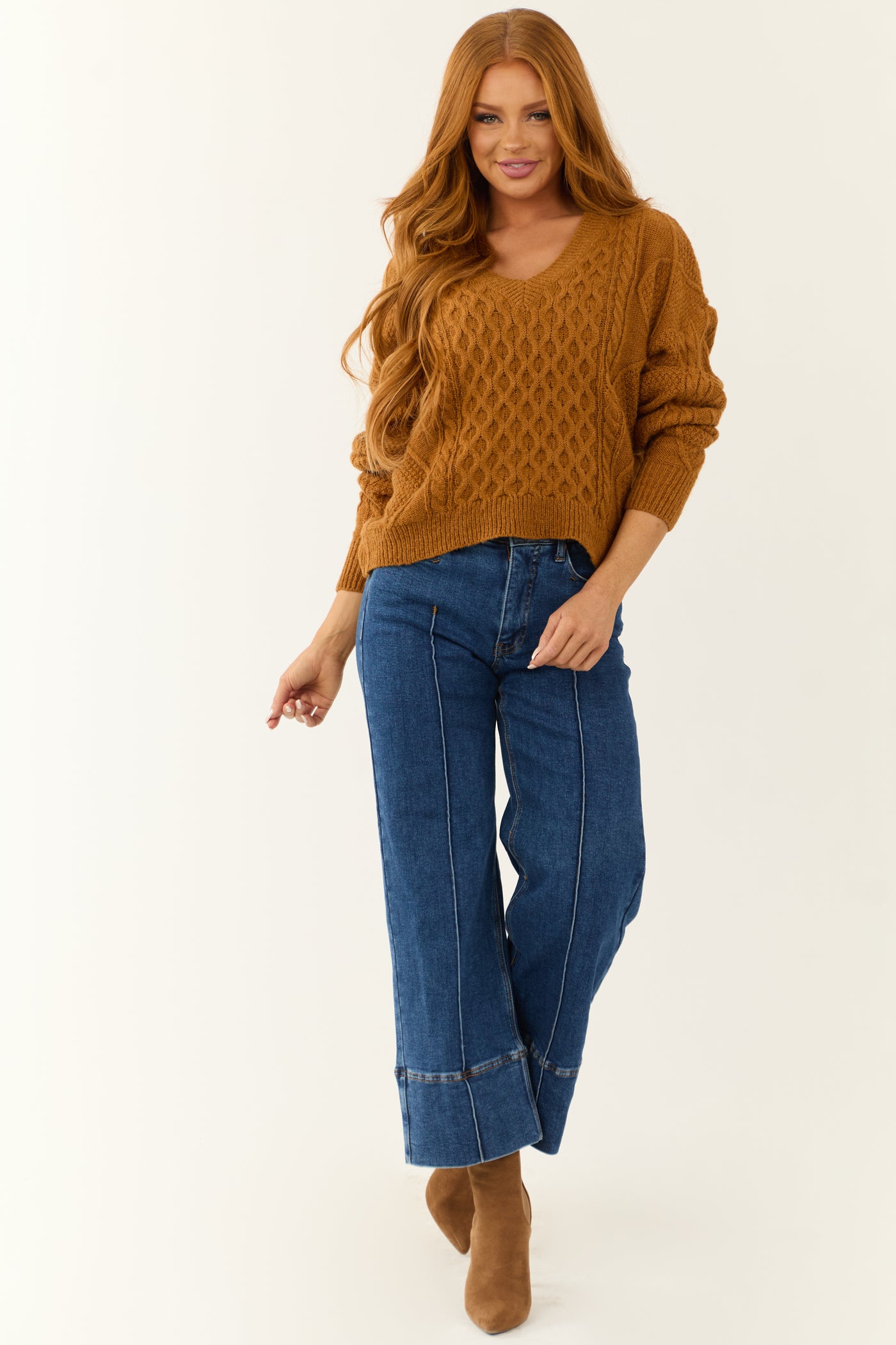 She+Sky Caramel V Neck Cable Knit Sweater