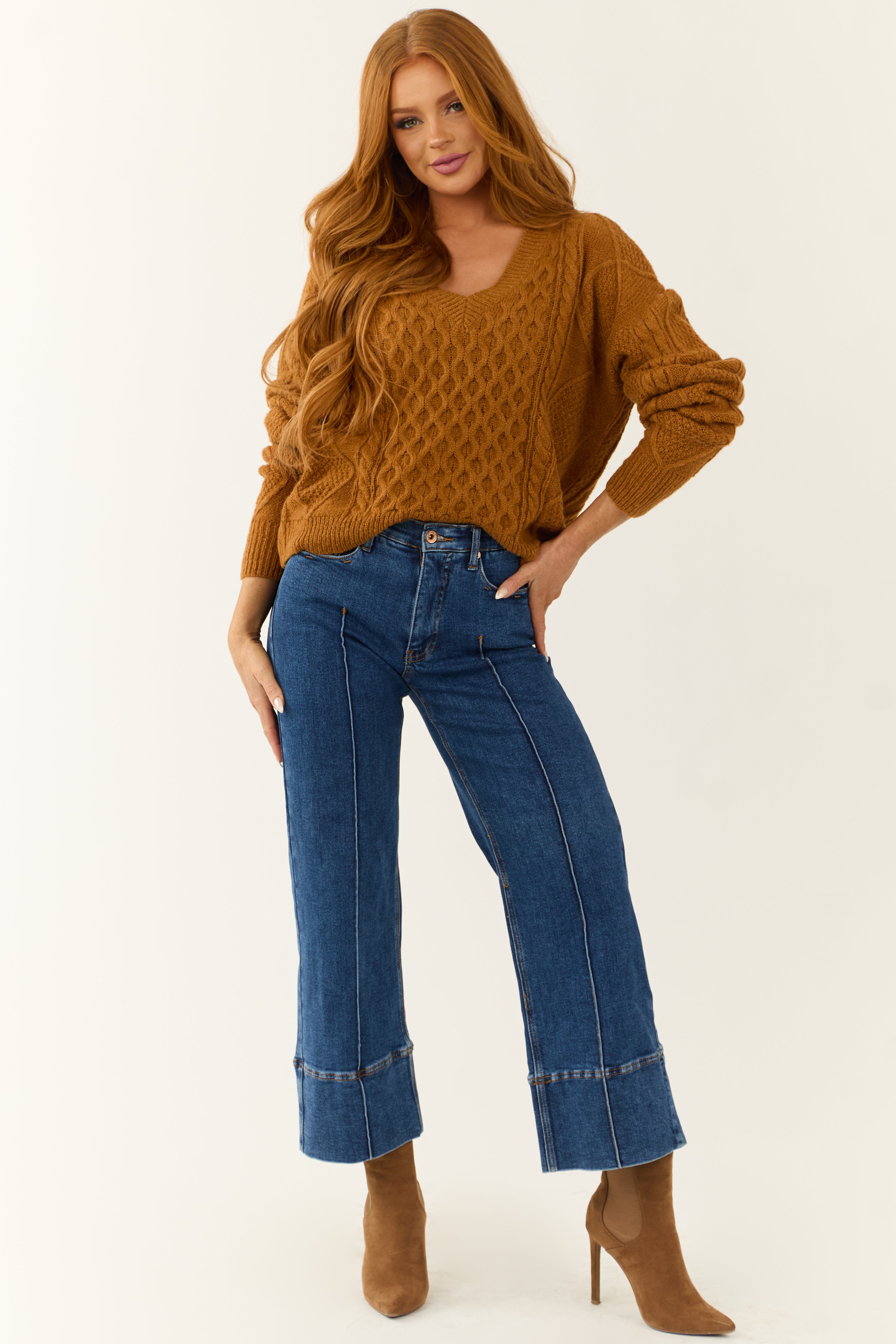 She+Sky Caramel V Neck Cable Knit Sweater