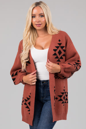 She+Sky Chestnut Aztec Print Knit Cardigan