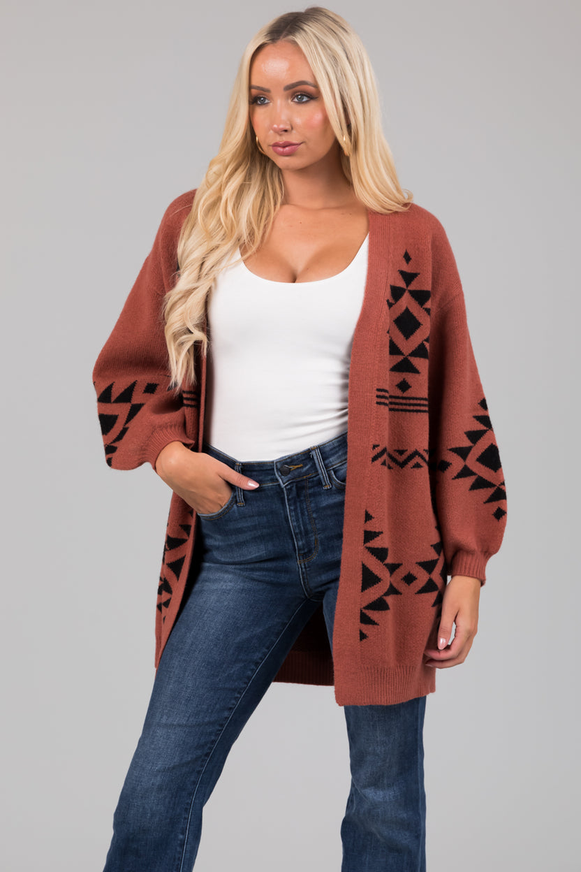 She+Sky Chestnut Aztec Print Knit Cardigan