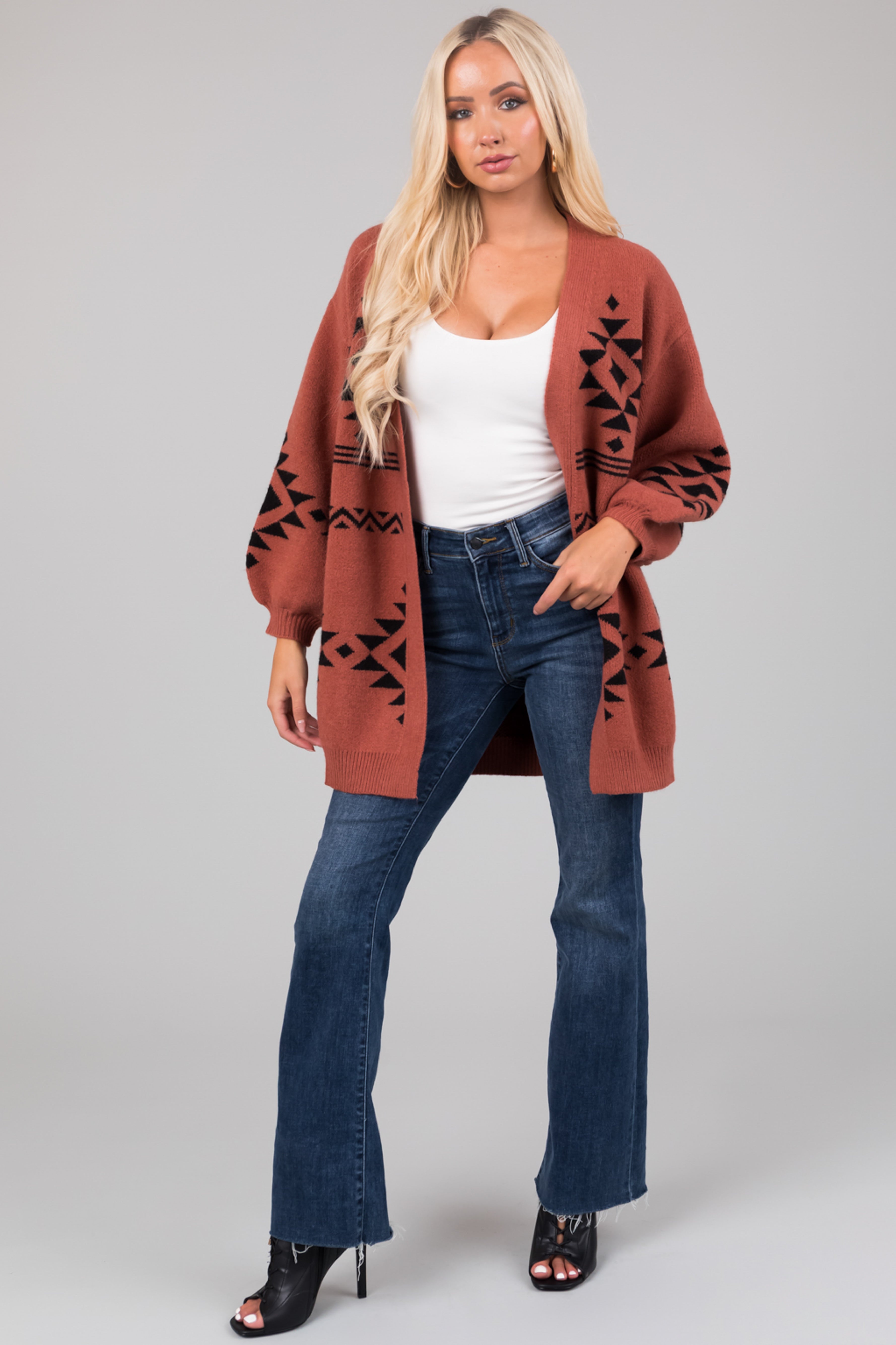 She+Sky Chestnut Aztec Print Knit Cardigan