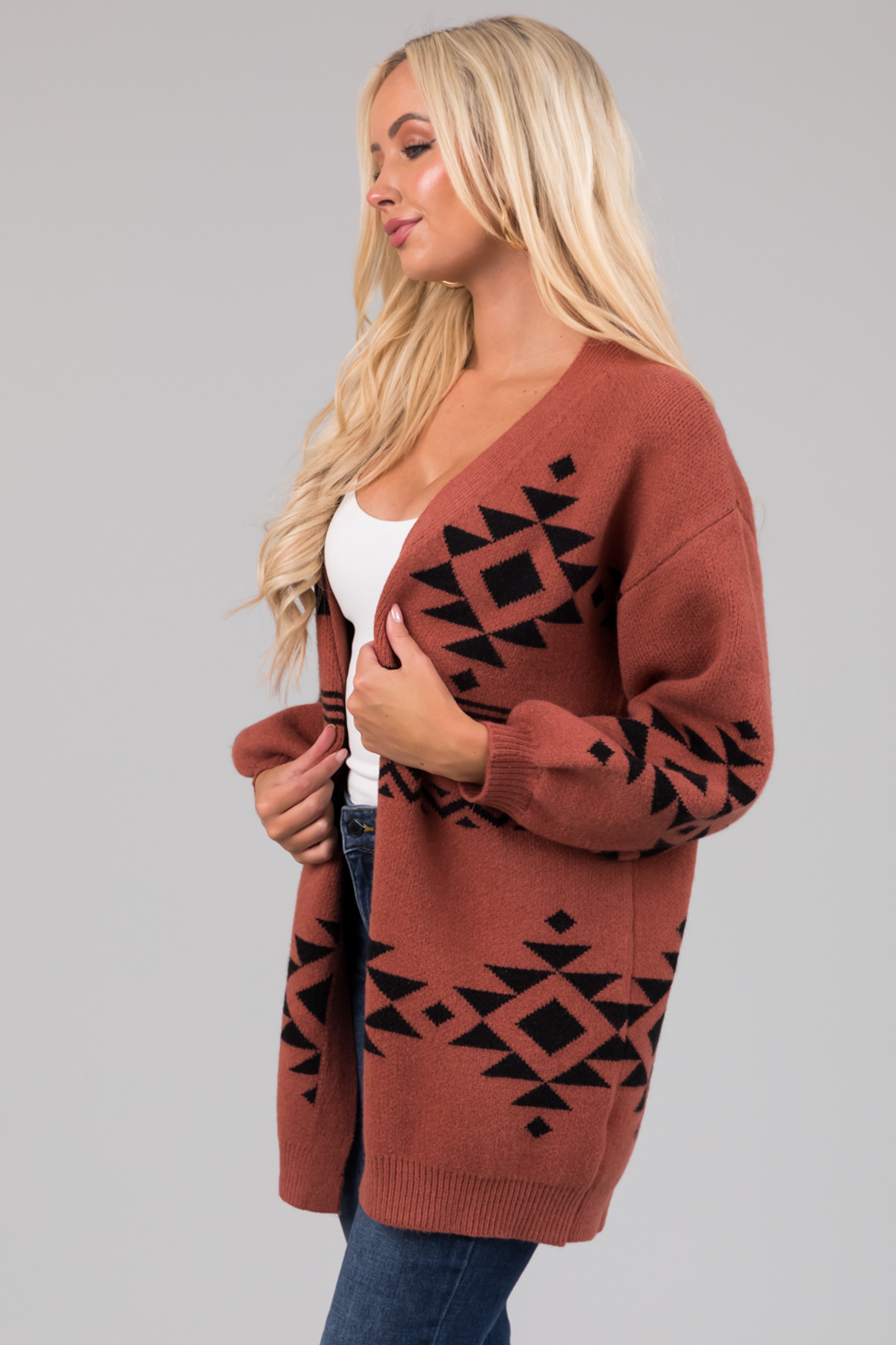 She+Sky Chestnut Aztec Print Knit Cardigan