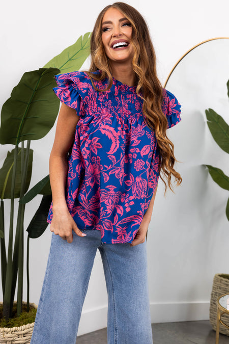 She+Sky Cobalt Flutter Sleeve Smocked Top