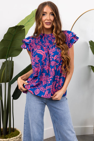 She+Sky Cobalt Flutter Sleeve Smocked Top