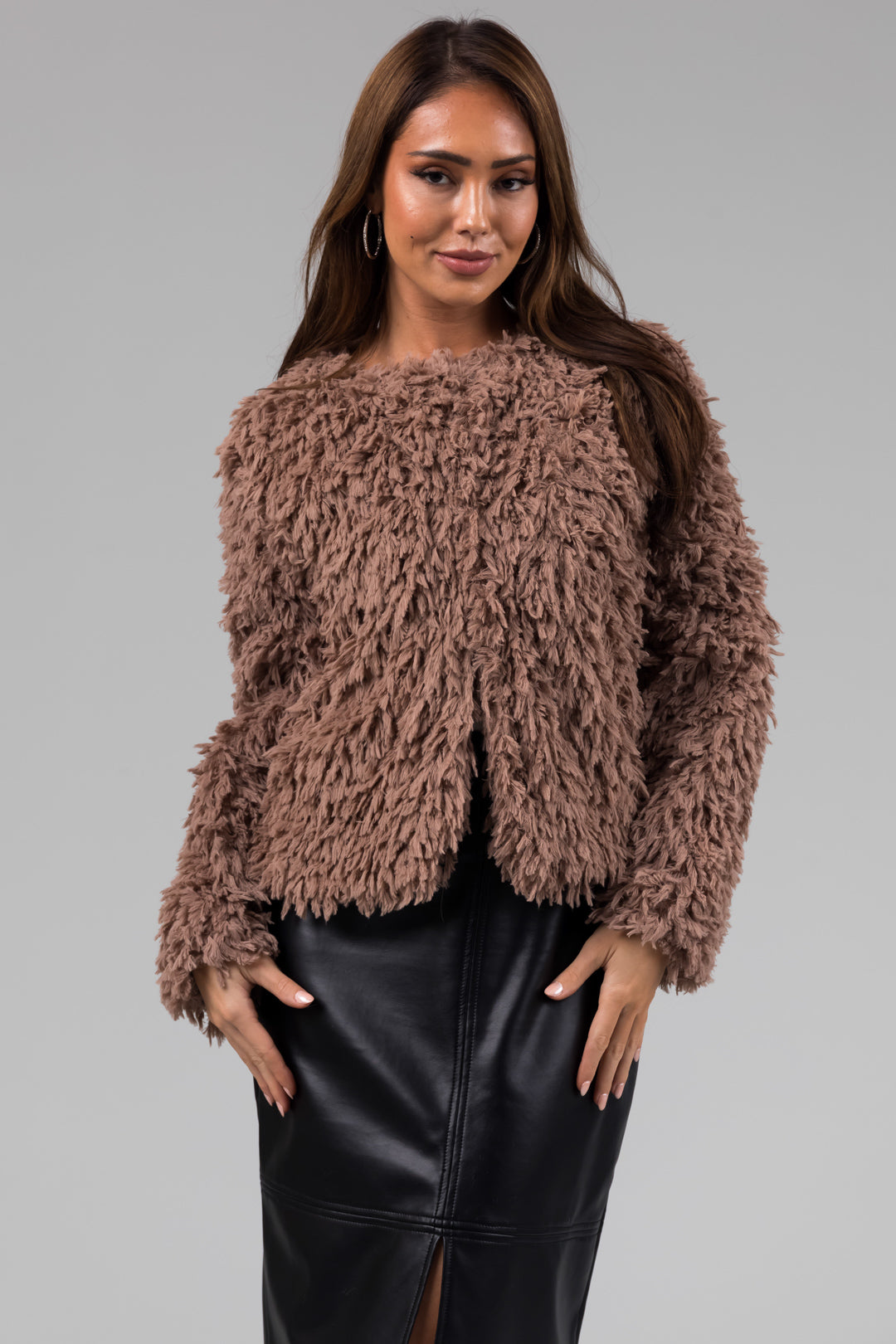 She+Sky Coffee Faux Fur Long Sleeve Jacket