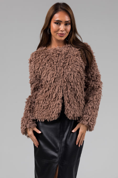 She+Sky Coffee Faux Fur Long Sleeve Jacket