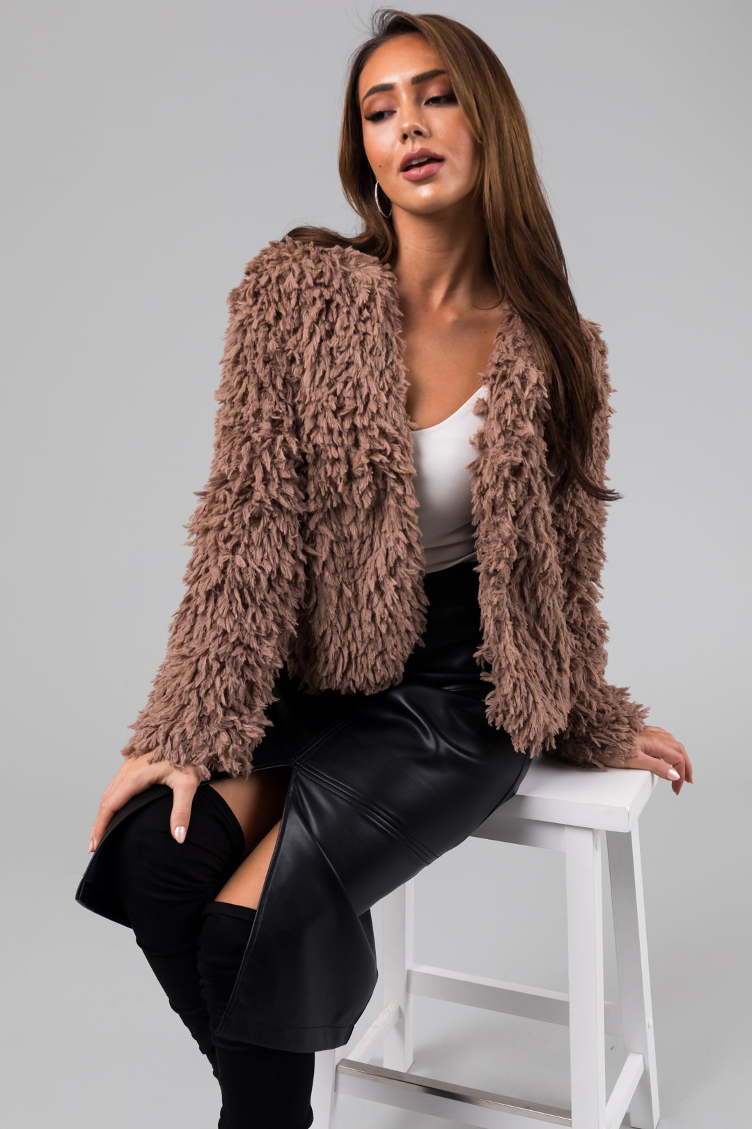 She+Sky Coffee Faux Fur Long Sleeve Jacket