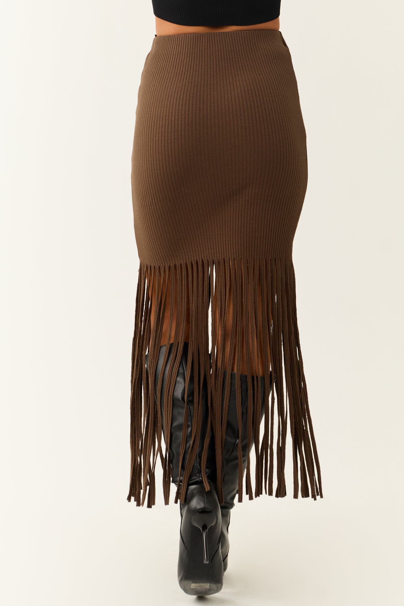 She+Sky Coffee Fringe Elastic Waist Maxi Skirt