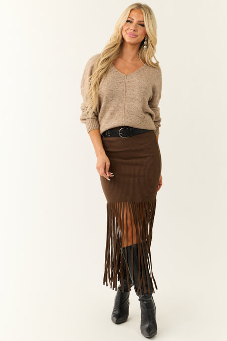 She+Sky Coffee Fringe Elastic Waist Maxi Skirt