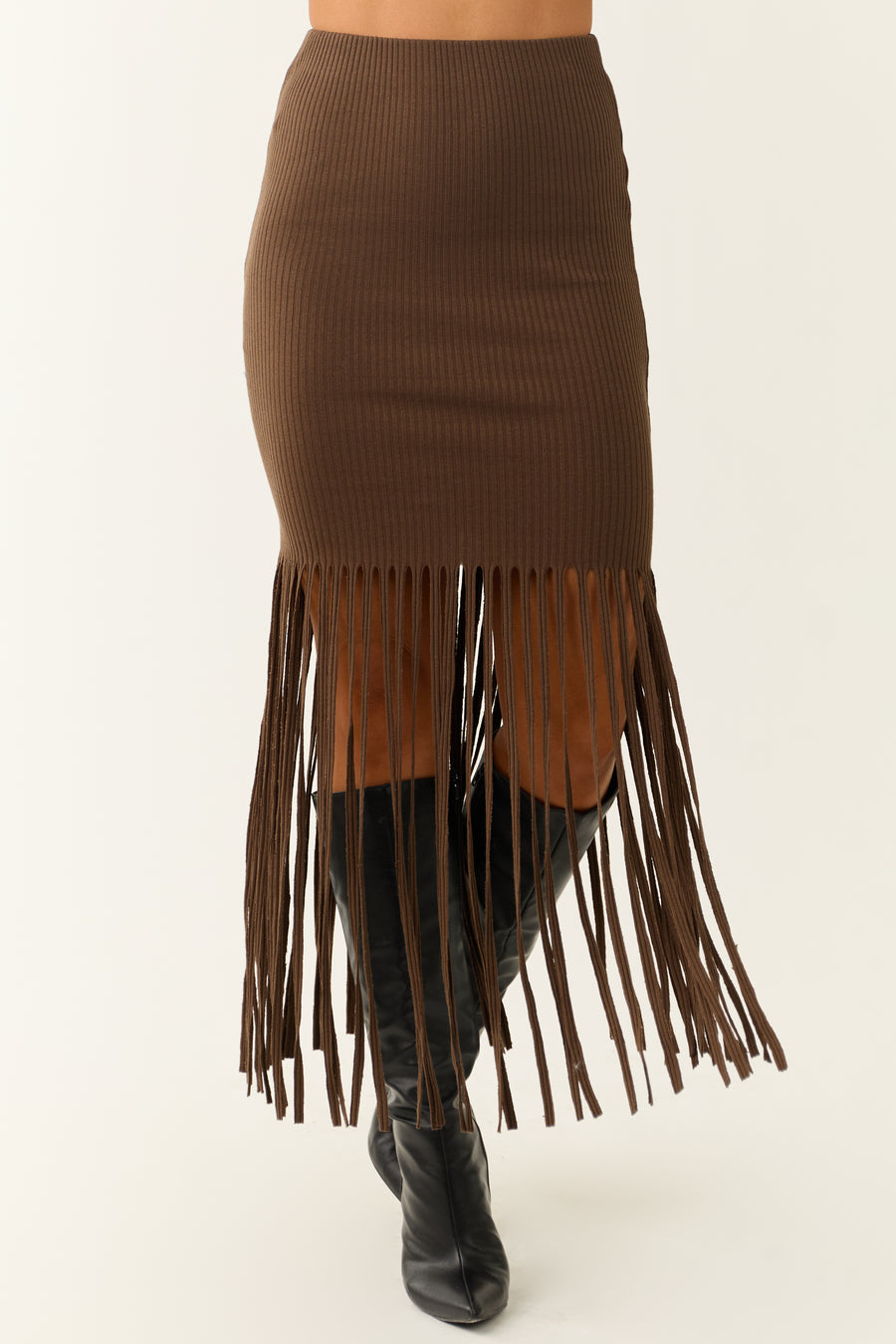 She+Sky Coffee Fringe Elastic Waist Maxi Skirt