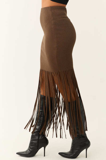 She+Sky Coffee Fringe Elastic Waist Maxi Skirt